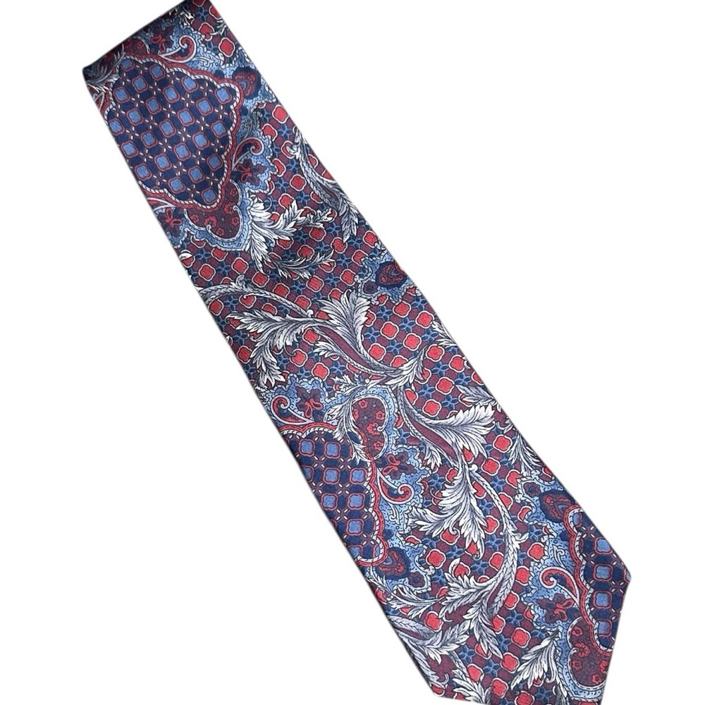 Vtg Etienne Aigner Blue, Red and Silver Paisley 100% Silk Tie - Picture 3 of 6